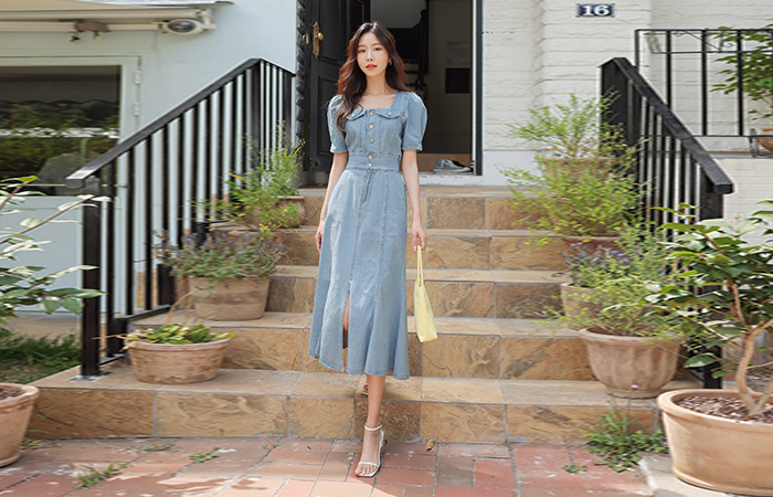 Clean Mermaid Pocket Back Banding Denim Dress