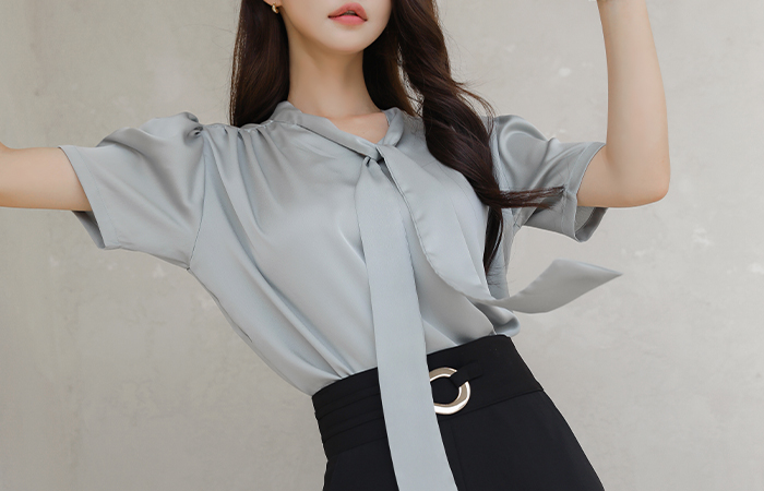 Satin Shoulder Shirring Tie Blouse