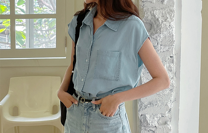 ODE light Denim Cap-Sleeves Shirt Blouse