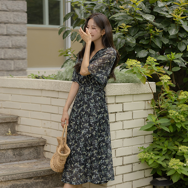 Chiffon Sleeves Blossom Patterns A-line Wrap Dress