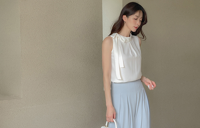 Side Ribbon neckline Sleeveless shirts Blouse