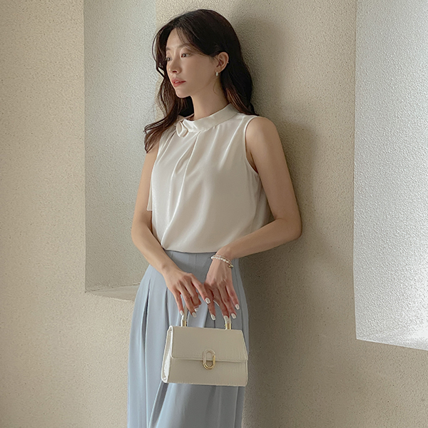 Side Ribbon neckline Sleeveless shirts Blouse