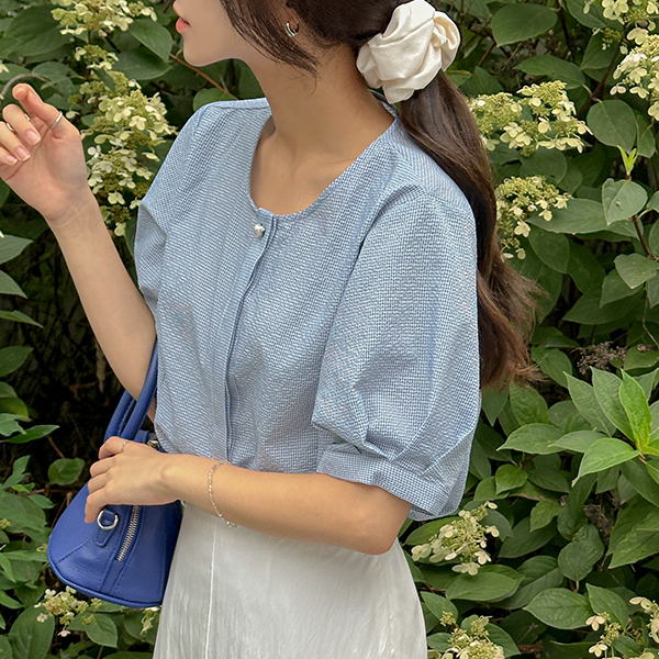 시어서커 Pearl Tower Button Summer Blouse