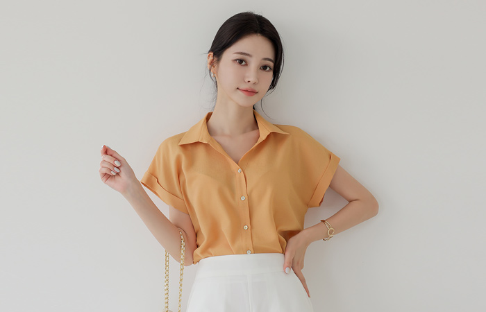 Open-Collar Roll-up Cap-Sleeves Blouse