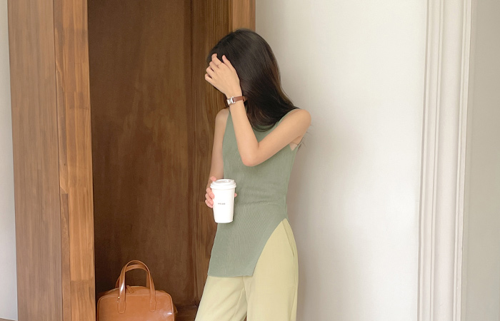 Side Slit Linen Sleeveless shirts Knit