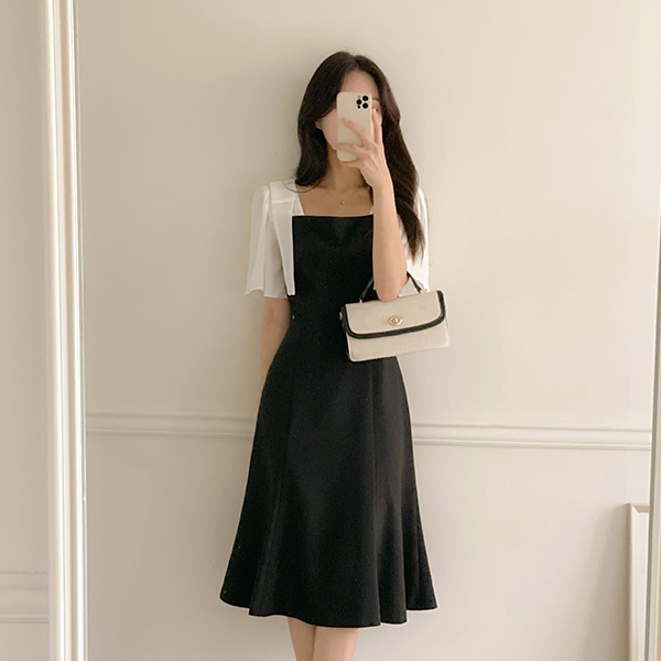 Color Combination Shoulder Ribbon Wing Sleeves Mermaid Dress