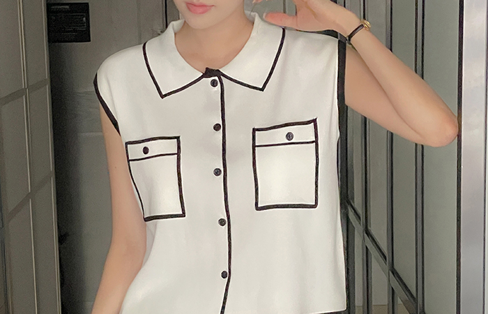 Pocket Color Combination Sleeveless shirts Knit