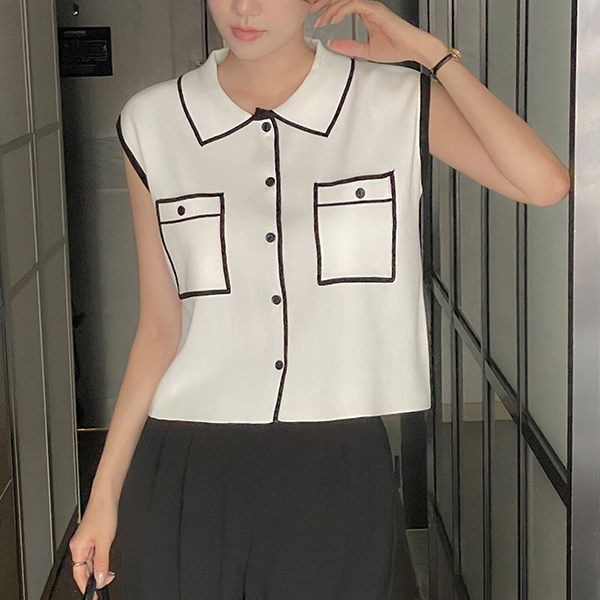 Pocket Color Combination Sleeveless shirts Knit