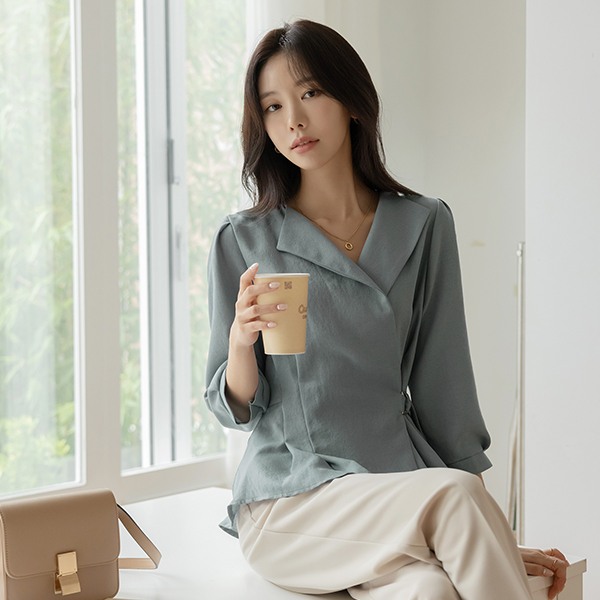 DRing Belted Pintuck Peplum Blouse