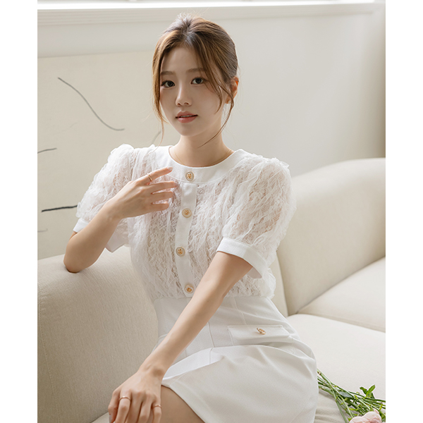 르미엘 Lace Gold Button Tweed Dress