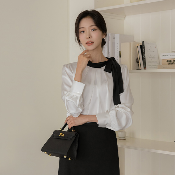 Coco Color Combination Ribbon Glossy Blouse