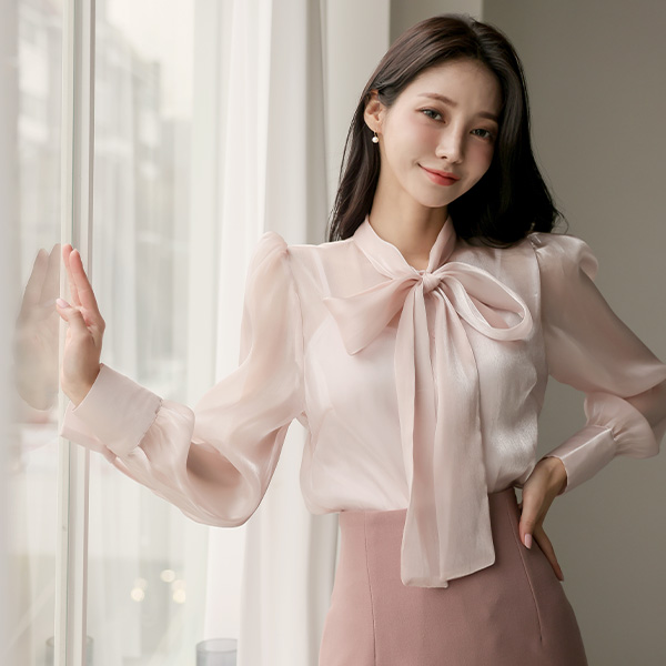 Satin Glossy See-through Ribbon Blouse