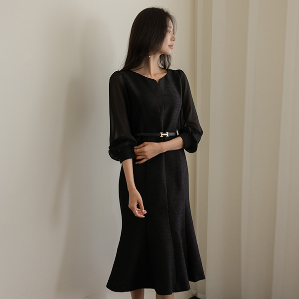 Chiffon Sleeves Heart Neck Mermaid Tweed Dress