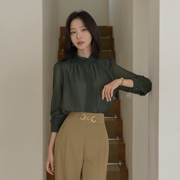 Shirring-Highneck Double See-through Blouse Ⅲ