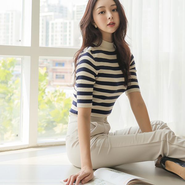 Stripe Midi Sleeves Half-Neck Knit