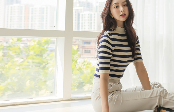 Stripe Midi Sleeves Half-Neck Knit