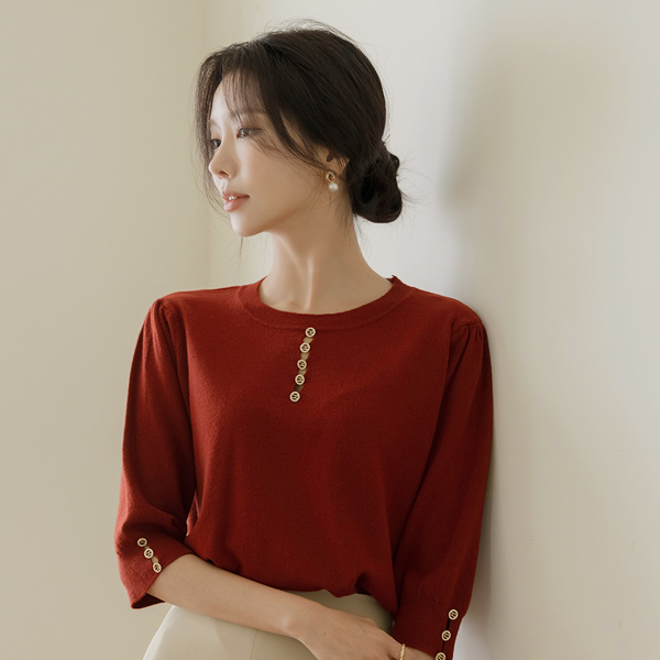 Jewel Button Center Front Vent Raund neck Autumn Color Knit