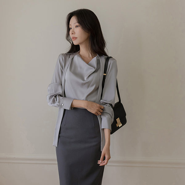 Satin Glossy Cowl Neck Tie Blouse