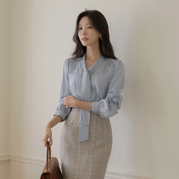 Glossy Soft Shirring Tie Neck Blouse