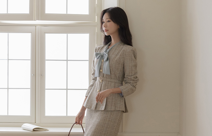 아몬 Check Peplum Tweed Set-up Jacket