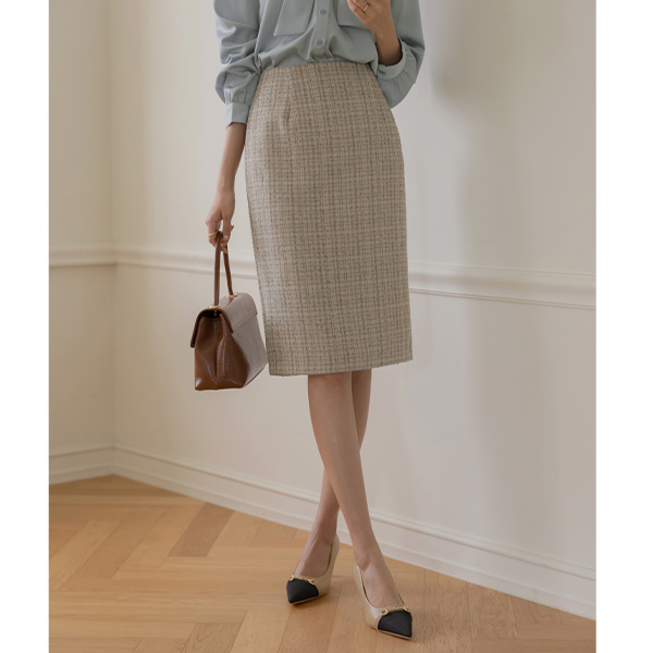 아몬 Check H-line Tweed Set-up Skirt