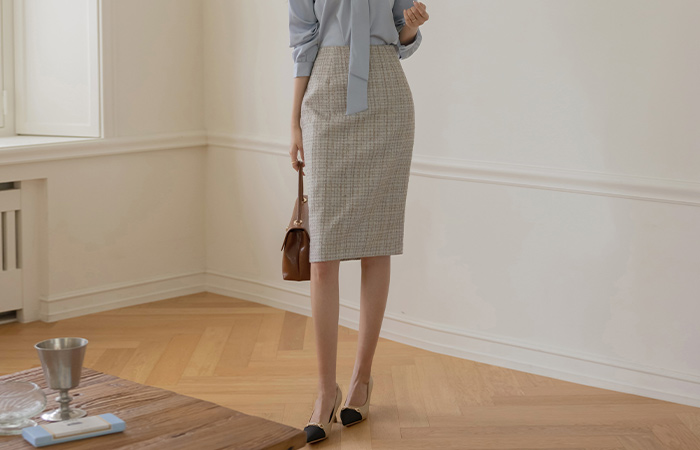 아몬 Check H-line Tweed Set-up Skirt