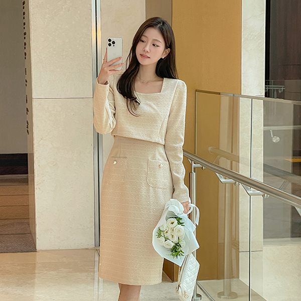 쥬리 Pearl Two-piece Style Tweed Dress