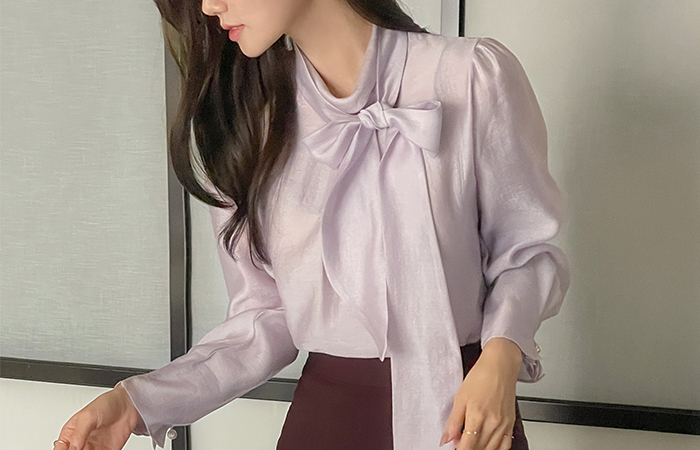 Elegance Ribbon Half-Highneck Pearl Sleeves Blouse