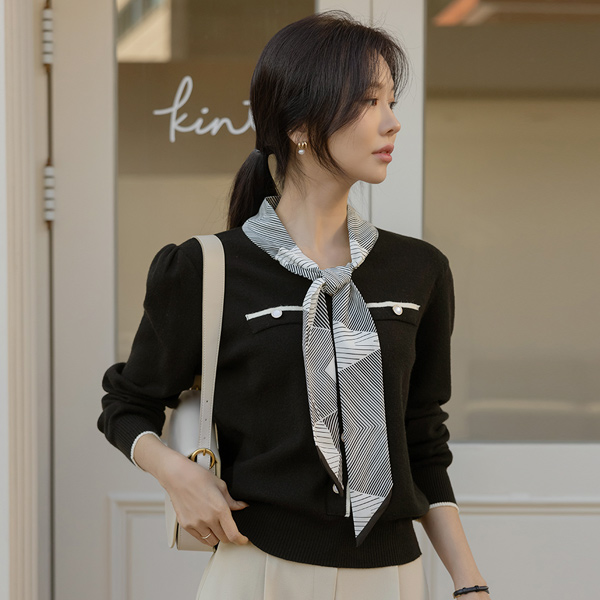 Modal Color Combination Lining Button Scarf Knit