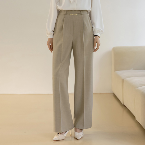 Slim Buckle Belt Decoration Pintuck Wide Slacks