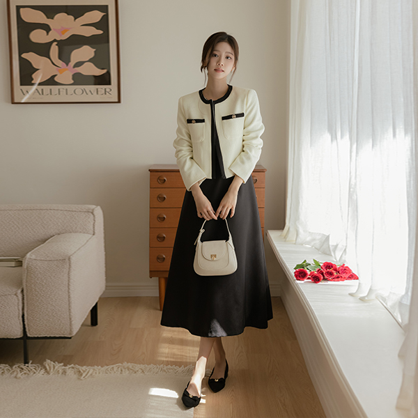 조이 Color Combination Lining Waffle Tweed Jacket