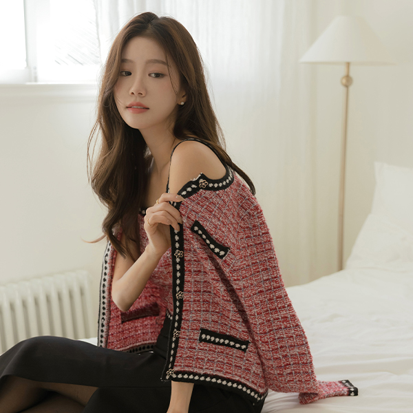 pearl Tweed Check Sleeveless shirts&Cardigan SET