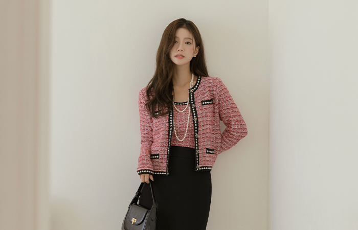 pearl Tweed Check Sleeveless shirts&Cardigan SET