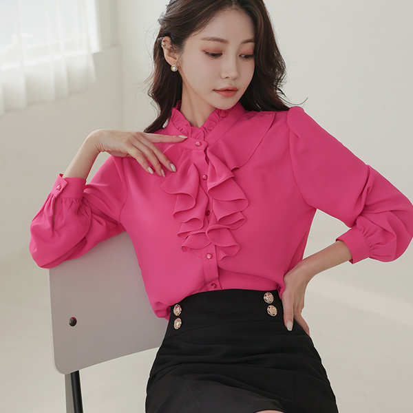 Cascading Ruffle High-Neck Blouse