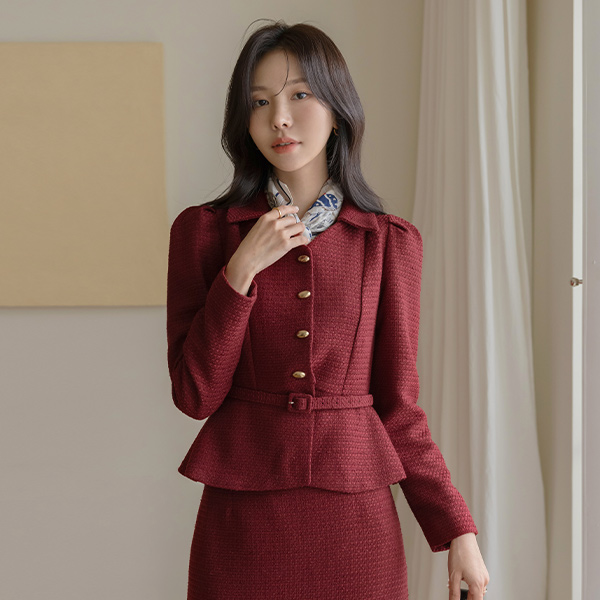 론즈 Peplum Tweed Belt Set-up Jacket