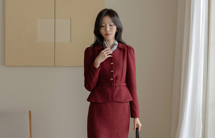 론즈 Peplum Tweed Belt Set-up Jacket