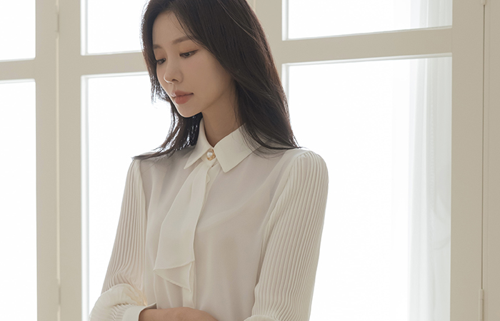 Pleats Sleeves Pearl 탑버튼 Tie Blouse