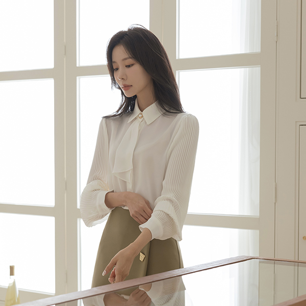 Pleats Sleeves Pearl 탑버튼 Tie Blouse