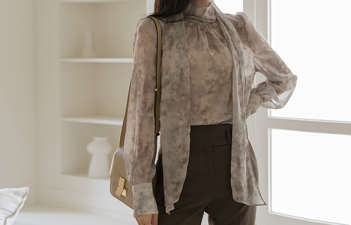 Autumn Printing Flower Chiffon Scarf Blouse