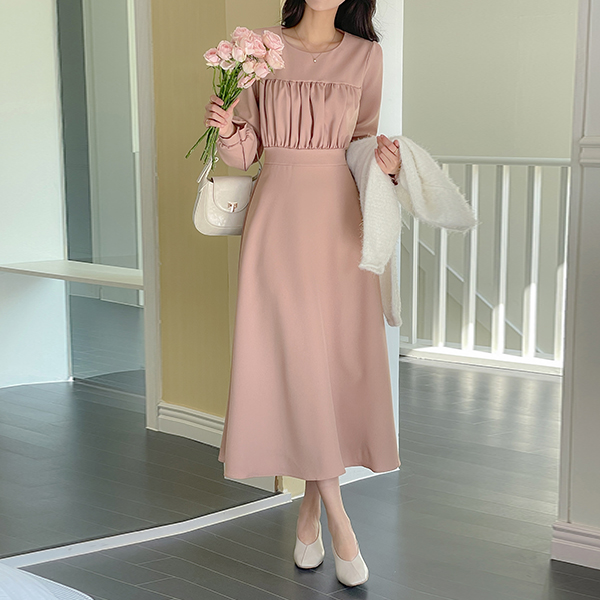 Autumn Shirring Back Ribbon A-line Dress