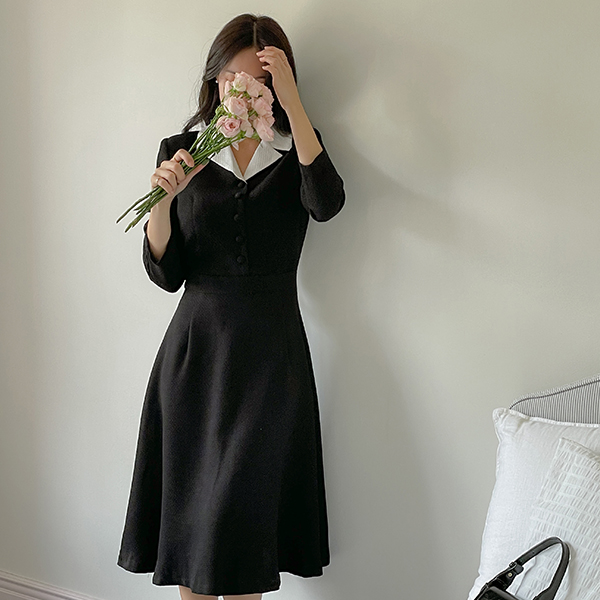 레트 Color Combination Collar A-line Tweed Dress