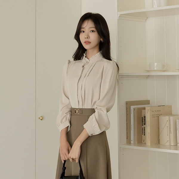 Rosy Frill Neck Pintuck Blouse