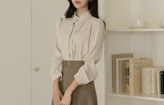 Rosy Frill Neck Pintuck Blouse