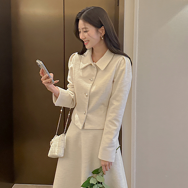 Romance Cubic Button Wool Tweed Set-up Jacket