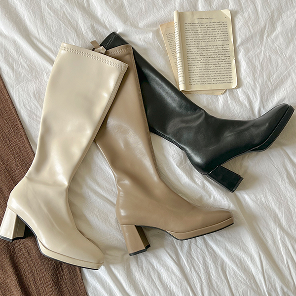 Glossy Fake Leather Long Boots Heels