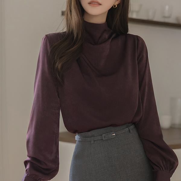 Glossy Shirring Half-Highneck Blouse