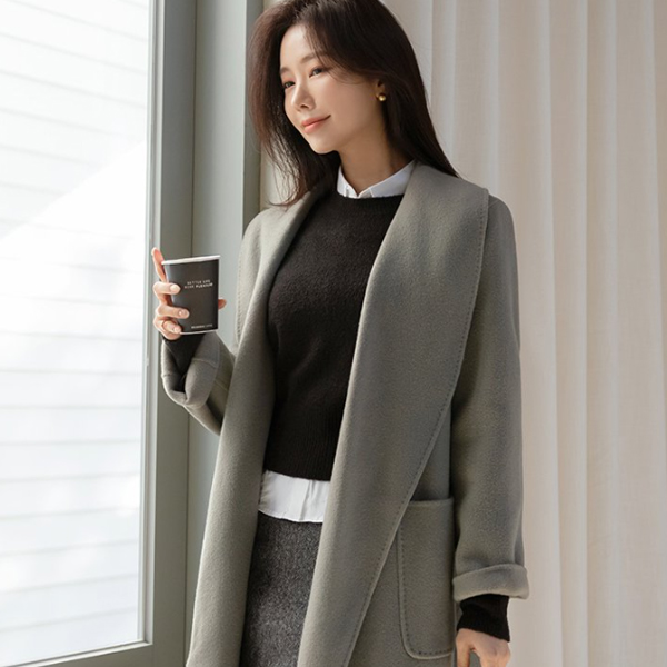 Feminine Style Shawl Collar Hand-Made Wool Coat