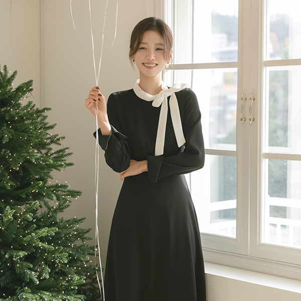 Classic Color Combination Scarf-Neck A-line Dress