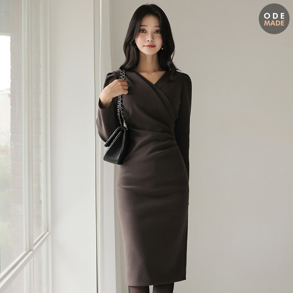 Side Glam Wrap Shirring Span Midi Dress(winter)