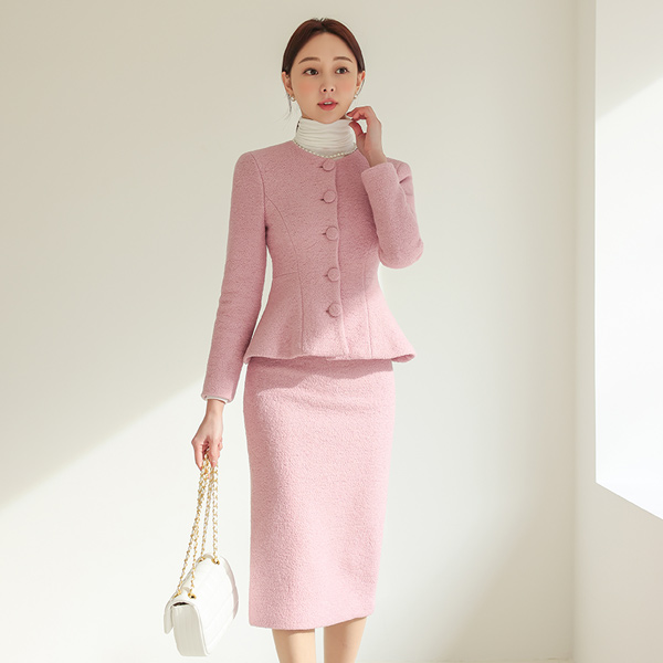 Bouclé Wool Peplum Jacket& Skirt Two-piece SET